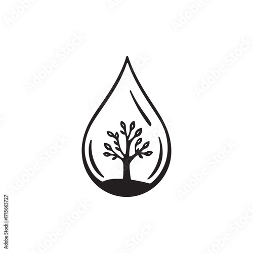 Abstract Eco-Friendly Vector Graphic A Minimalist Tree in a Water Drop Symbol.