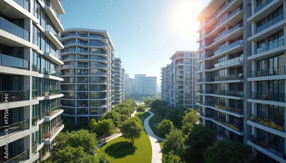 Obraz premium Aerial view of modern apartment complex on sunny day. Buildings with balconies and clear sky showcase urban living and city landscape. Residential area development with skyscrapers and sunlight.