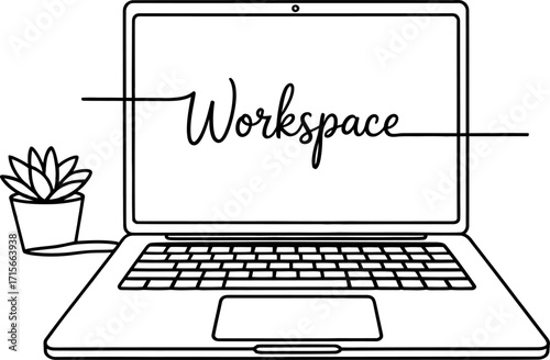 Modern laptop with 'workspace' text and small plant minimalist line art for digital nomad and remote work vector
