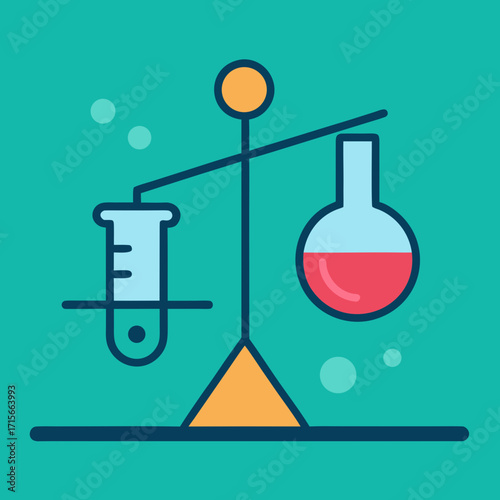 Balance scale with laboratory flasks and test tube