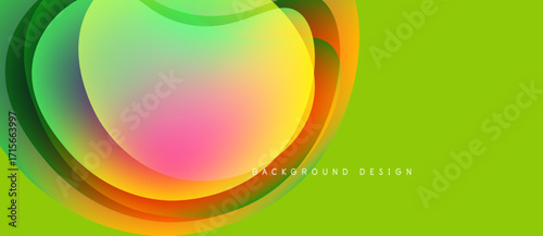 Abstract colorful shapes overlap, creating dynamic visual effect. Bright green background enhances vibrant hues. Modern design element.