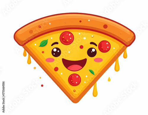 A delightful and playful illustration of a smiling pizza slice with gooey cheese and savory pepperoni, radiating happiness for any fun, food-themed design