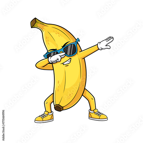 banana character, cartoon banana, funny banana, cool banana, banana with sunglasses, dab pose, dancing banana, playful banana, banana mascot, cute banana, banana illustration, silly banana, trendy ban