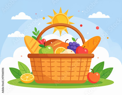 Vibrant illustration of a summer picnic basket filled with fresh fruits and bread on green grass under a sunny sky. Ideal for healthy outdoor fun