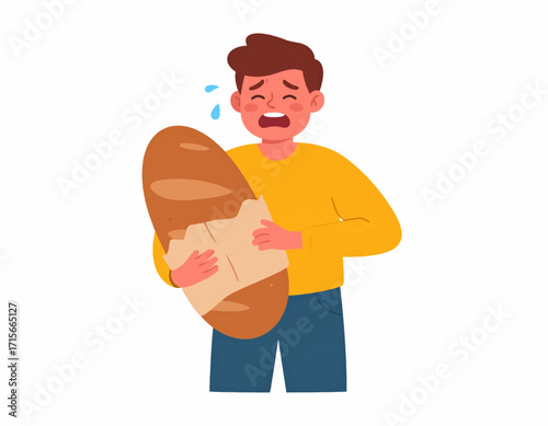 Man Holding Bread A Humorous Depiction of Sadness and Food, Isolated on White