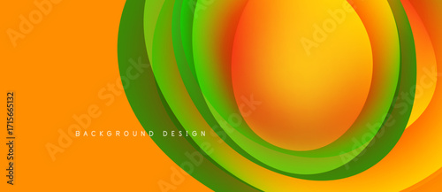 Abstract vibrant layers create circular design. Orange, green hues blend smoothly. Modern background for presentations, graphics.