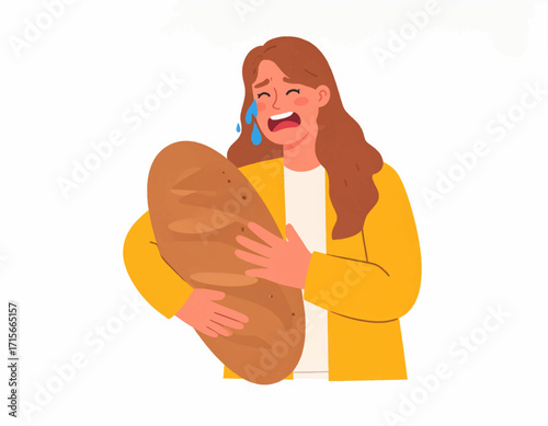 Emotional woman crying holding a loaf of bread, expressing sadness and despair over scarcity or high prices