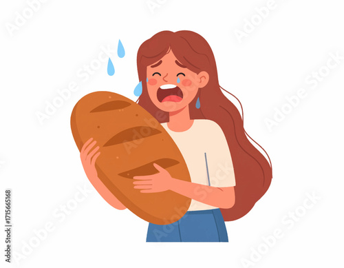 Heartbroken young woman crying hysterically while passionately hugging a large loaf of bread, illustrating a dramatic farewell to carbs or diet struggles