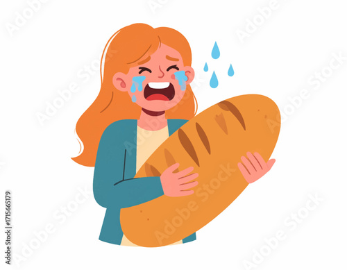 A distraught woman weeps uncontrollably while clutching a loaf of bread, an illustration of food allergies, diet struggles, or emotional eating