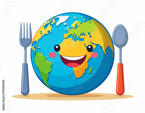 A smiling cartoon Earth with a fork and spoon, representing global food and sustenance