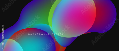 Abstract colorful shapes overlap, creating vibrant fluid design. Dark background enhances bright gradients, modern aesthetic.