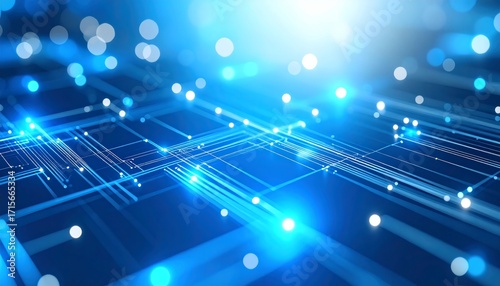 Abstract Blue Network Connections and Bokeh Lights Background