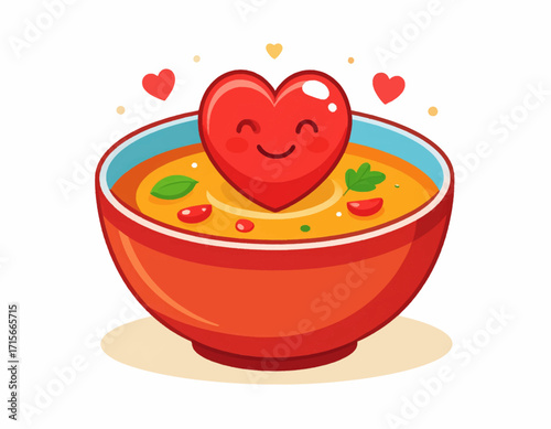 A heartwarming and cheerful bowl of homemade soup featuring a happy red heart, symbolizing love, comfort, and delicious healthy eating choices