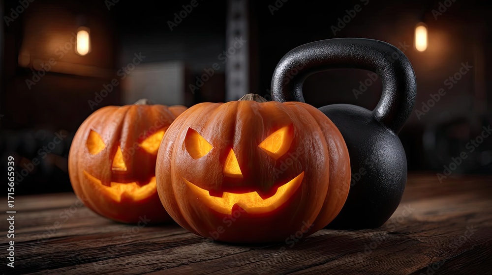 Fototapeta premium Halloween pumpkins on wooden with kettlebell concept. Halloween pumpkins with kettlebell in a cozy, rustic setting.