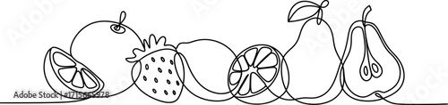 Continuous line drawing of fresh fruits an orange strawberry lemon and pears healthy food art vector