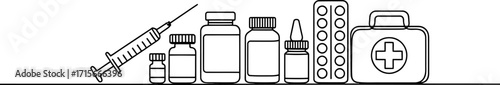 Medical supplies line art syringe pills bottles drops vaccine pharmaceutical health care equipment vector