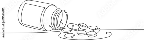 Simple line art sketch of a pill bottle spilling medicine pills onto a flat surface vector