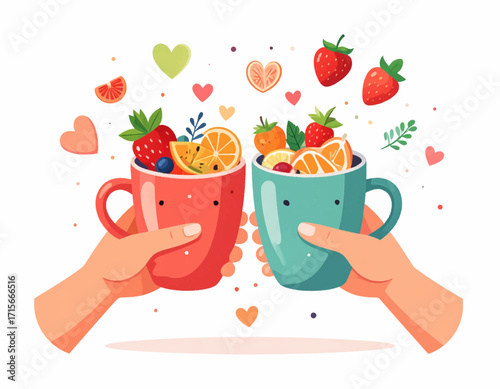 Two hands toasting with colorful mugs of fresh fruit, a cheerful vector concept of love and healthy living