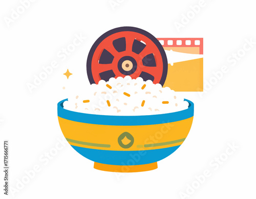 Creative concept art of cinematic dining with a bowl of steamed rice and a movie reel for entertainment, representing a fusion of food and film