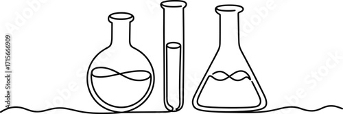 Minimalist line art depicting three laboratory flasks and test tubes with chemical liquids for science education vector