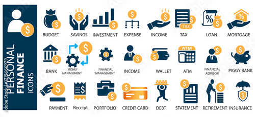 Personal finance icon set. Containing budget, savings, expense, income, tax, loan, statement, financial management, mortgage and more