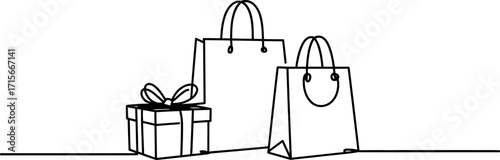 Minimalist single line drawing of gift box and shopping bags for retail and commerce vector
