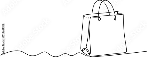 Minimalist line art drawing of a shopping bag with a wavy trail symbolizing commerce and shopping vector