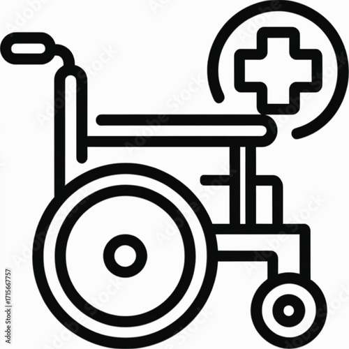 Black and white line art illustration of a wheelchair with a medical cross symbol.