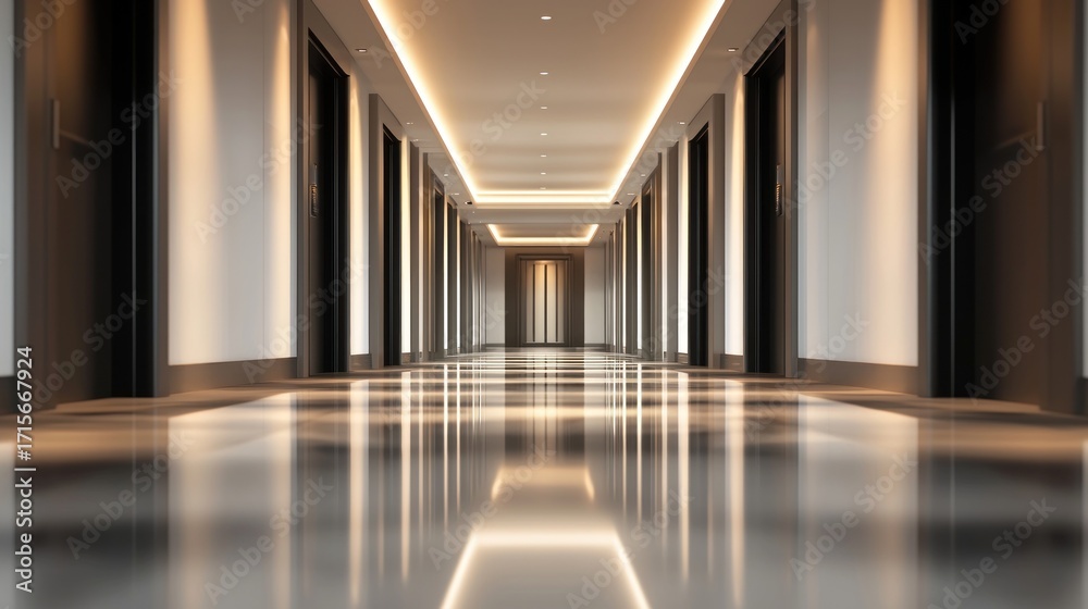 Fototapeta premium Reflective Elegance: A Modern Hotel Corridor
