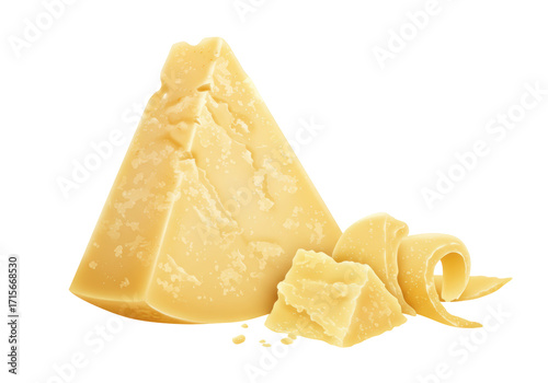 Isolated wedge of Parmesan cheese with shards and curl, grated or sliced, dry and hard
