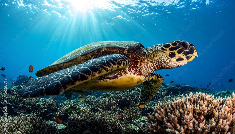 Fototapeta premium A majestic sea turtle gracefully glides through a vibrant coral reef ecosystem, bathed in the sun's underwater rays.