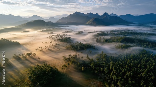 Aerial View of Serene Mountain Landscape with Misty Fog and Golden Sunlight