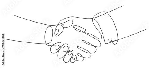 Single line drawing of two hands shaking representing agreement partnership and success in business vector