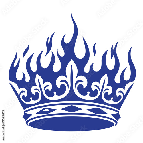 A royal blue crown vector graphic featuring fire flames and fleur de lis design