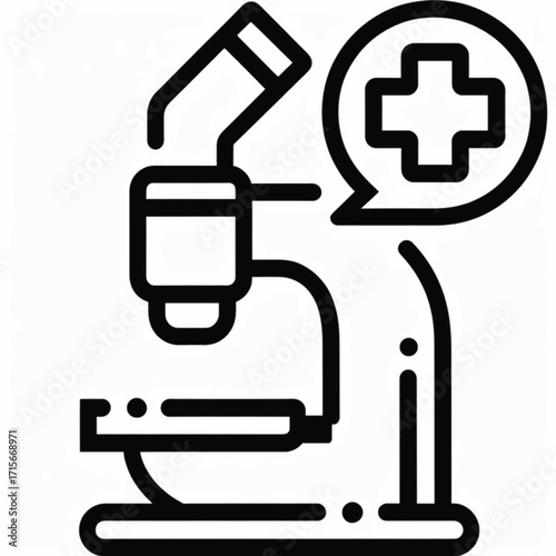 A black and white line drawing of a microscope with a speech bubble containing a medical cross, symbolizing medical research or diagnostics.