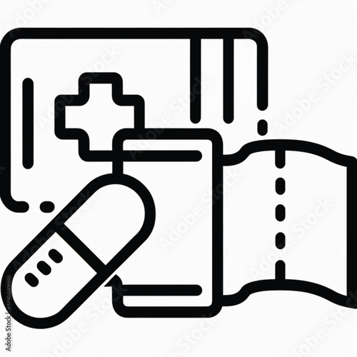 Medical supplies icon with pill, bandage, and first aid kit.