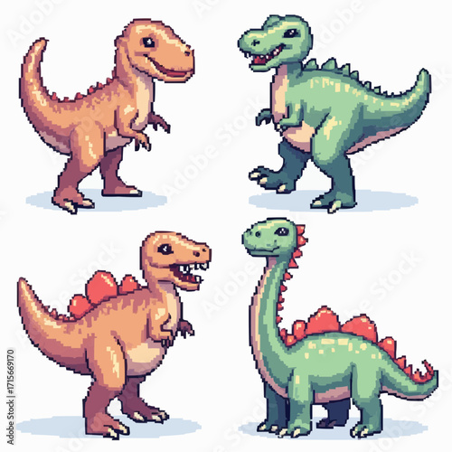 Pixel Art Dinosaur Collection Featuring a T-Rex and Stegosaurus in Various Poses
