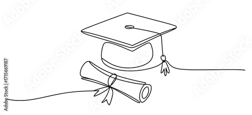Academic achievement graduation cap and rolled diploma certificate with tassels artistic sketch symbolizing success and education vector