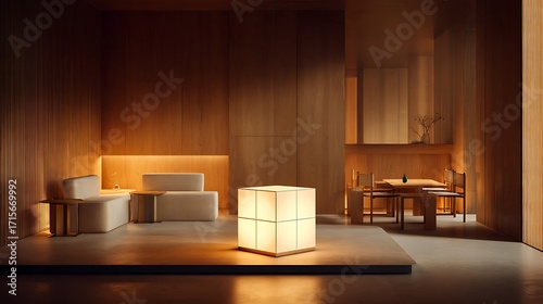 Modern luxury living room with unique wall and beautiful sofa, couch and table with light lamp 
