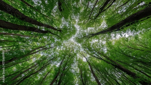 Glistening Green Forest Canopy Viewed from Below with Sunlight Filtering Through Leaves
