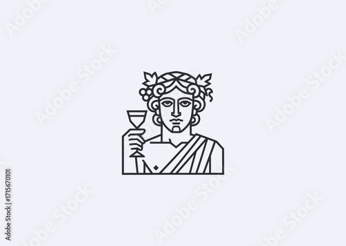 A geometric style line art logo of Dionysus, symbolizing wine, festivity, and creativity