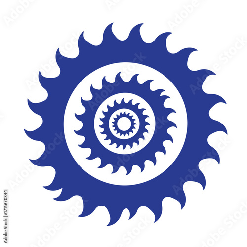 Blue and white concentric circular saw blades on a white background design