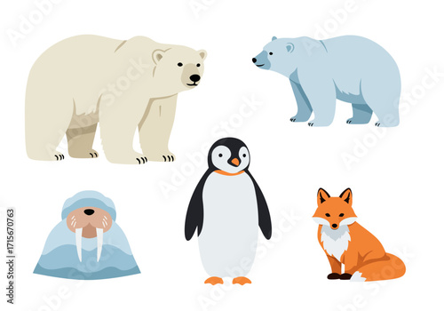Animal Cartoon Vector Set – Polar Bear Penguin Fox Walrus Winter Illustration