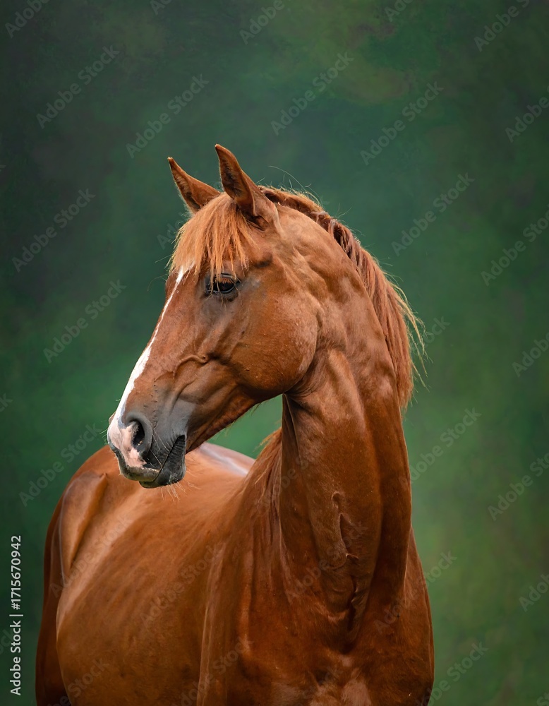 Obraz premium A close-up profile of a magnificent chestnut horse, showcasing its rich coat and elegant head against a blurred backdrop of lush greenery.