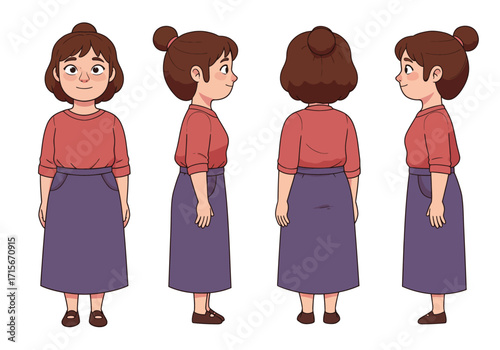 Cartoon Woman Character Turnaround Vector Set – Female Animation Model Sheet

