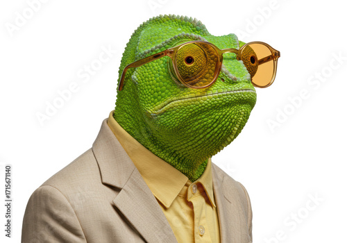 Isolated Chameleon in Suit with Glasses, Stylish Reptile Portrait, Quirky Fashion Image