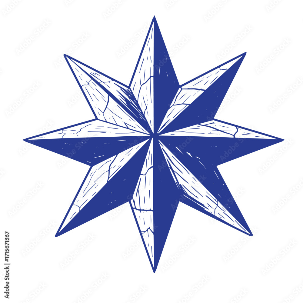 Obraz premium Blue eight pointed star illustration with rustic and textured style on white background