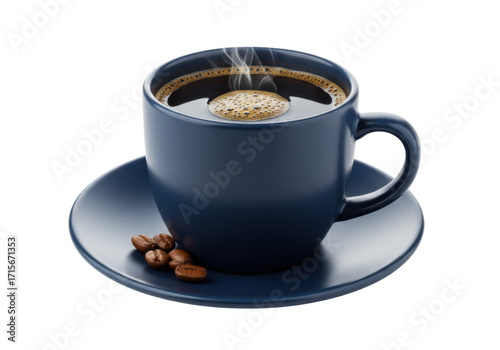Isolated aromatic coffee beverage in mug on saucer with roasted beans, hot steam rising
