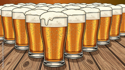 Many tall glasses of golden beer with frothy white foam on a wooden table