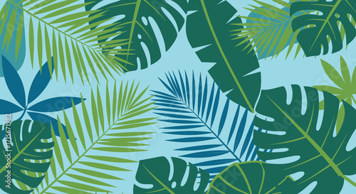 Vibrant green tropical leaves pattern on a light blue background